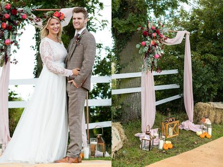Boho wedding couple standing in front of outdoor alter at Horsehoe Farm Wedding in York Vale