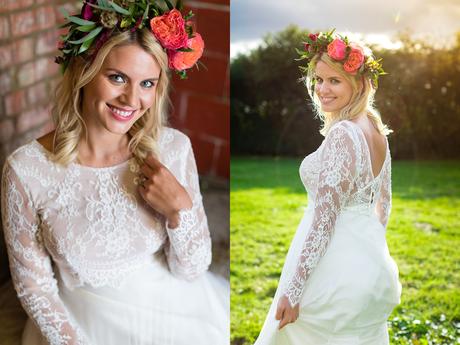 Boho style bride with a flower crown walks into the sunset and poses for a portrait