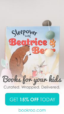 Picture of an adorable picture book called Sleepover with Beatrice and Bear. Text says Books for your kids. Curated. Wrapped. Delivered. Get 15% off today at bookroo.com