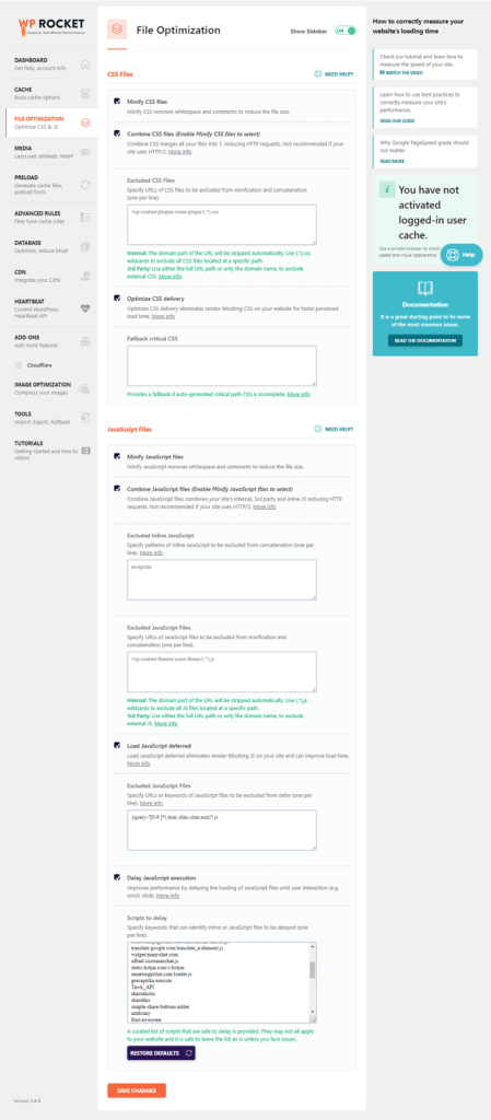 wp rocket file optimization settings