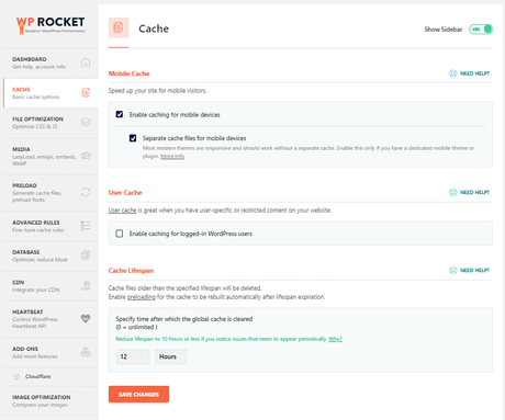 wp rocket cache settings