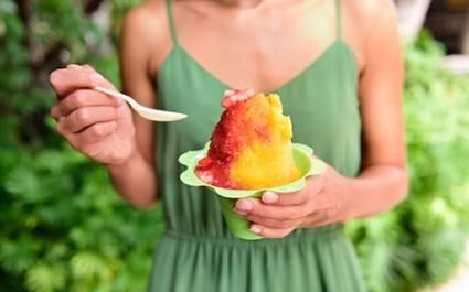 Shave ice - hawaiian shaved ice dessert. Close up of traditional local Hawaii dessert food