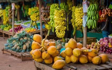 A lot of tropical fruits in outdoor market in Sri-Lanka, Asia