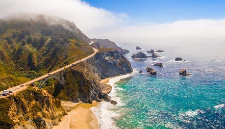 Arial view of the California Bixby bridge in Big Sur in the Monterey County along side State Route 1 US, the ocean road.