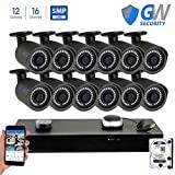 GW 16 Channel H.265 NVR 5-Megapixel Security Camera System, 12pcs 5MP 1920p 3.6mm Wide Angle POE Weatherproof Bullet IP Cameras, 100ft Night Vision
