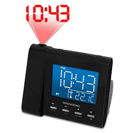 Magnasonic Projection Alarm Clock with AM/FM Radio, Battery Backup, Auto Time Set, Dual Alarm, Nap/Sleep Timer, Indoor Temperature/Date Display with Dimming & 3.5mm Audio Input - Black (EAAC601)