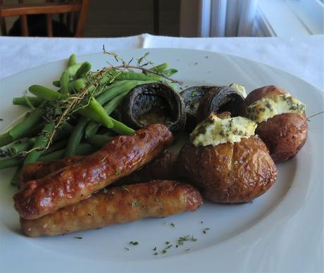 Roasted Sausages with Goat's Cheese Stuffed Baby Potatoes