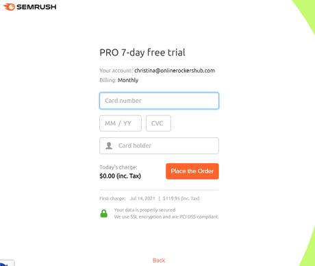 semrush free trial credit card