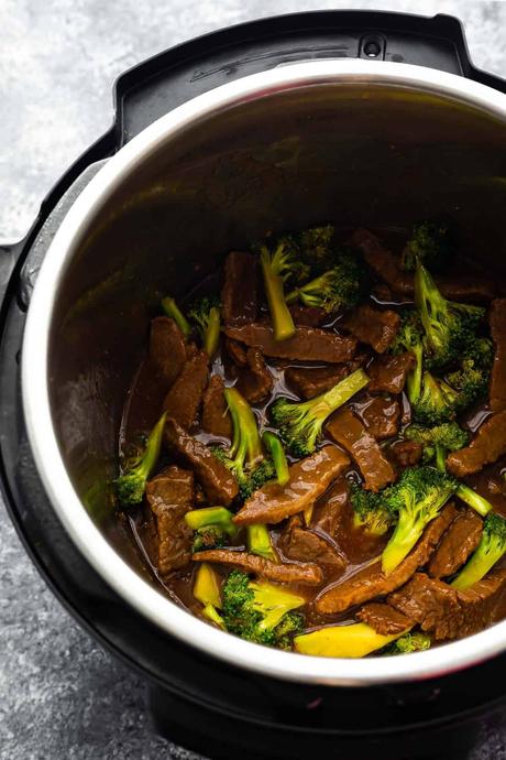 overhead view of beef and broccoli in the instant pot