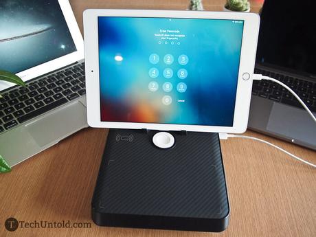 The magnetic holder steadies an iPad in the landscape position