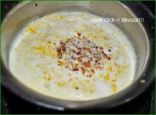 Badam kheer(Sweetened milk with whole almonds)