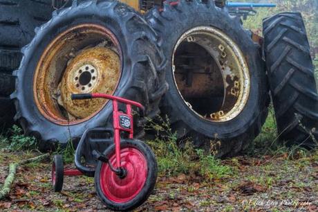 Rockwood Autoyard, Ontario, tires, truck, tricycle, opposites, juxtaposition, big wheels