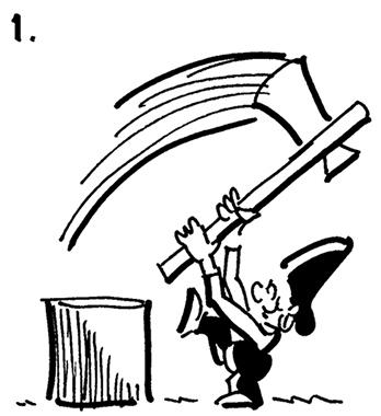 comic strip panel #1, street musician Busker swinging chopping maul, wants to chop block of wood