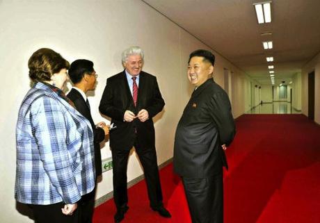 Kim Jong Un (R) talks with Natalia Ivanovna Semyonova and Pavel Ovsyannikov after a performance by the Moranbong Band and the Merited Chorus in Pyongyang on 15 October 2013 (Photo: Rodong Sinmun).
