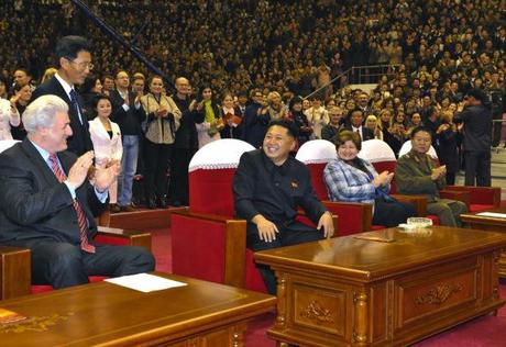 Kim Jong Un (2nd L) attends a concert by the Moranbong Band and the Merited State Chorus in Pyongyang on 15 October 2013.  Also seen in attendance is Pavel Ovsyannikov (L) of the Orchestra of the 21st Century, Natalia Ivanovna Semyonova (2nd R) of the Orchestra of the 21st Century and VMar Choe Ryong Have (R) (Photo: Rodong Sinmun).