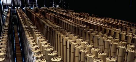 Cascade of gas centrifuges used to produce enriched uranium. This photograph is of a the U.S. gas centrifuge plant in Piketon, Ohio from 1984.