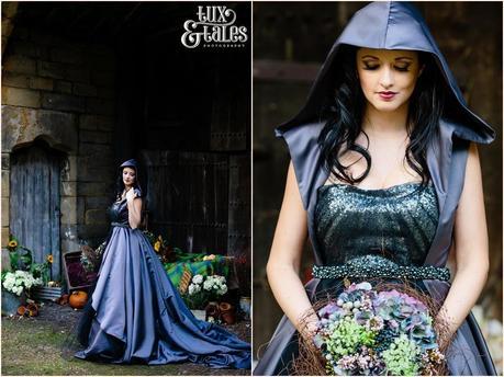 Bride in black dress with hood and hydrangea bouquet fable and promise wedding dress