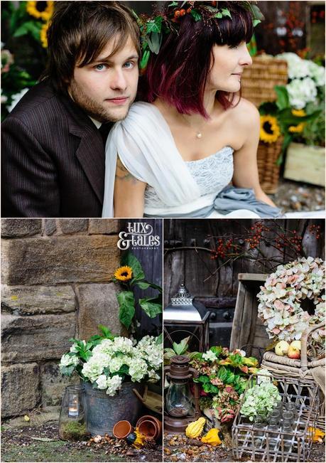 Alternative boho autumn themed wedding with pumpkins and flower crown 