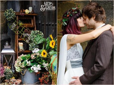Autumn themed alternative wedding couple fable and promise dress at East Riddlesden Hall 