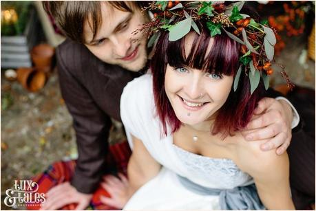 Autumn themed wedding with berry crown alternative couple 