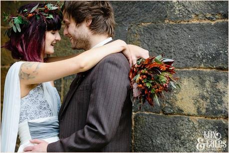 Fable and promise wedding dress on alternative wedding couple autumn theme