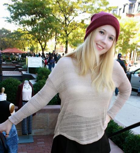 nude knit sweater, vegan leather skirt, oxblood knit beanie, shopping on Newbury St