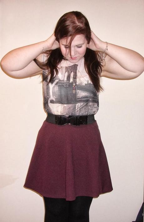 going out outfit purple skirt new york see-through top bow belt