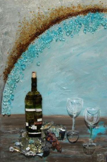 glass art with wine bottle and wine glasses