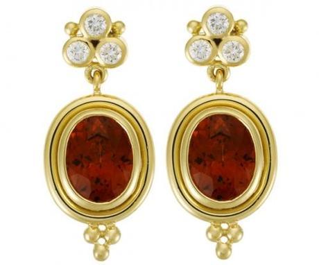 18 karat classic faceted oval drop earrings with hessonite and diamond