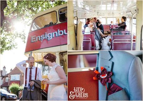 Red london wedding bus with alternative tattoo bride 