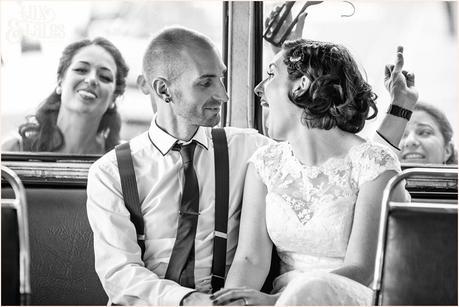 Friends photobomb london bus wedding photos