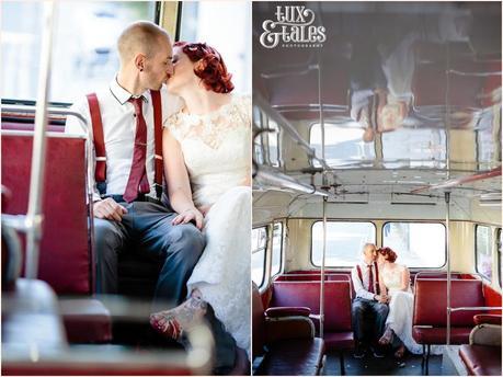 Bride and groom kiss on London bus