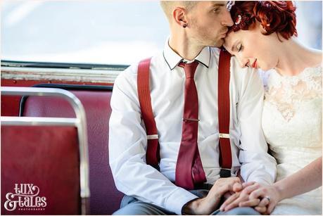 Tattoo bride embraces husband on London Bus