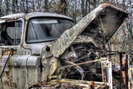 Rockwood Autoyard, Ontario, tires, truck, hood, rust, HDR, windshield