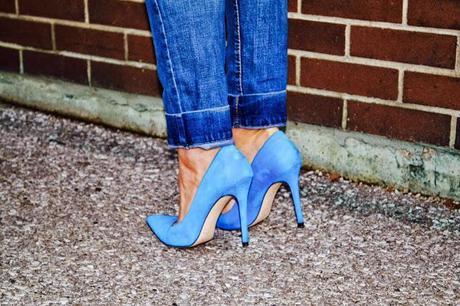 blue suede pumps