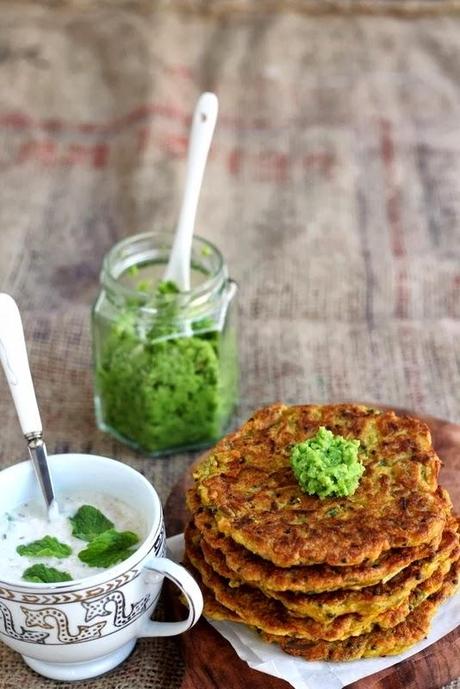 SPICY GLUTEN-FREE PUMPKIN PANCAKES W/ GREEN PEA CHUTNEY & MINT RAITA