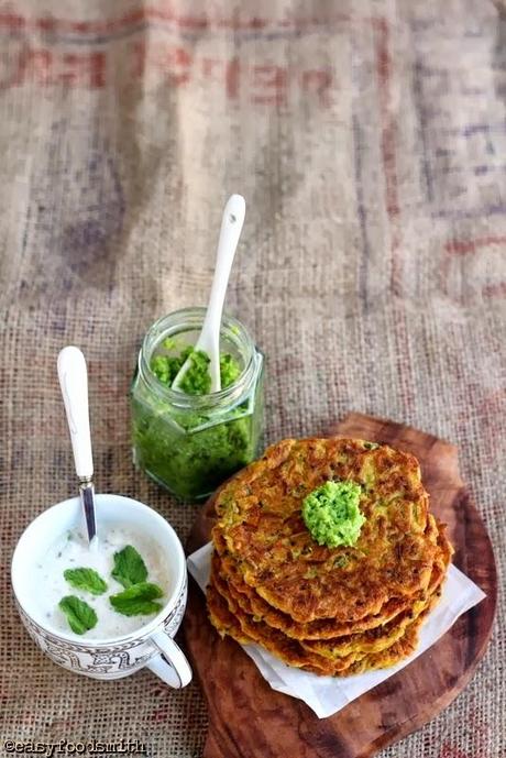 SPICY GLUTEN-FREE PUMPKIN PANCAKES W/ GREEN PEA CHUTNEY & MINT RAITA