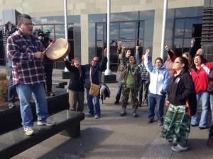 A celebration was staged outside the Moncton courthouse Monday after a judge refused to extend an injunction that prevented people from impeding SWN Resources Canada's shale gas exploration. (Jen Choi/CBC)
