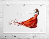 Autumn Woman Giclee Art Print - Red Watercolor Painting - WatercolorPrint