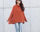 Lagenlook Hoodie Cape Style Top Fashionable Hooded Cotton Top in Dark Orange for Women - NC371 - Sophiaclothing