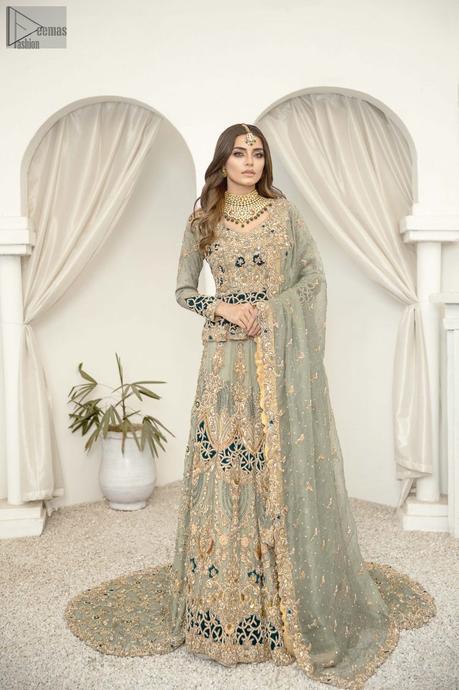 Pastel Green Back Train Lehenga – Short Shirt