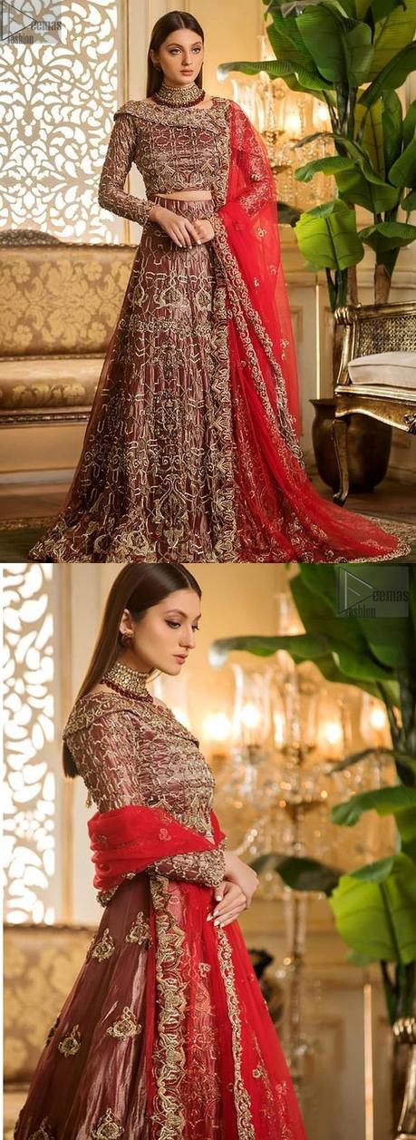 Pakistani Bridal Wear – Maroon Lehenga Blouse – Red Dupatta