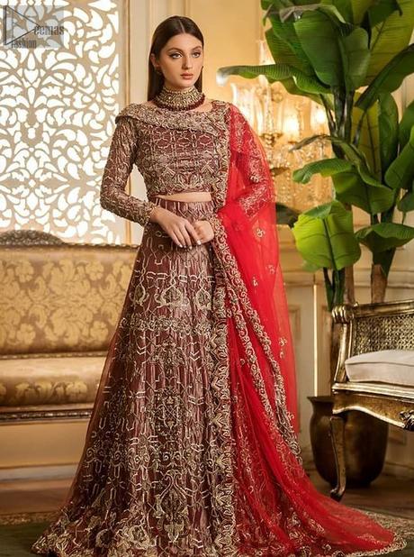 Pakistani Bridal Wear – Maroon Lehenga Blouse – Red Dupatta