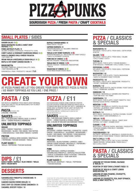 Pizza pinks new menu 