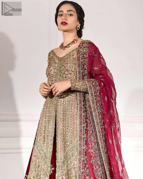 Fawn Front Open Shirt – Maroon Lehenga Dupatta