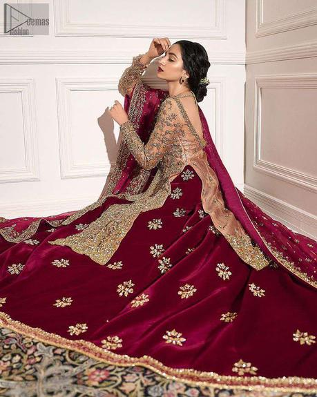 Fawn Front Open Shirt – Maroon Lehenga Dupatta