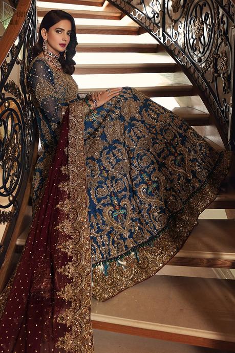 Teal Lehenga Pishwas – Maroon Dupatta