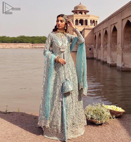 Baby Blue Front Open Maxi Lehenga – Dupatta