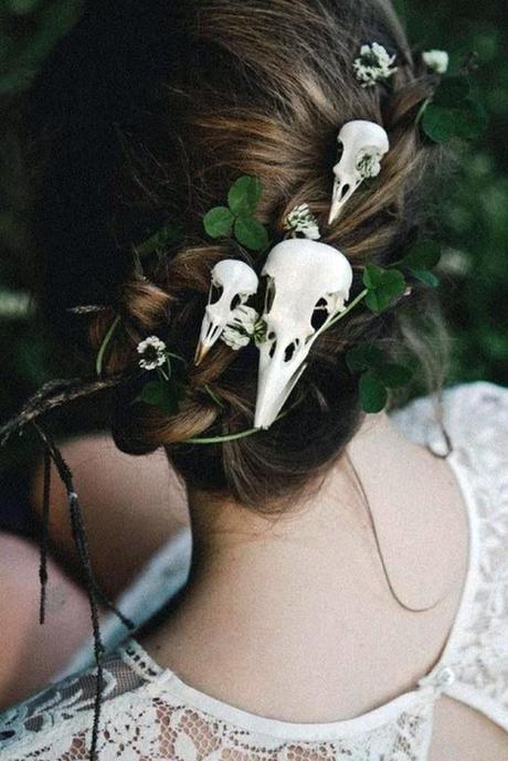halloween wedding ideas bridal updo with skull hairpins yourschizophrenia via instagram