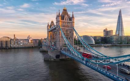 Tower Bridge in London, the UK. Sunset with beautiful clouds